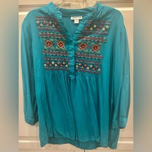 Coldwater Creek Size 1X Embroidered Turquoise Peasant Style Blouse
